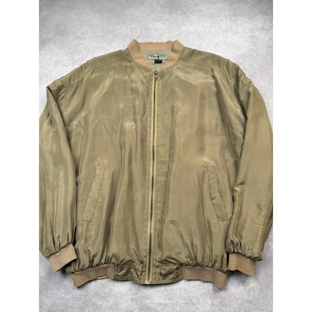 VTG Robert Stock 100% Silk Bomber Jacket Mens M Brown Taupe Full Zip Lightweight